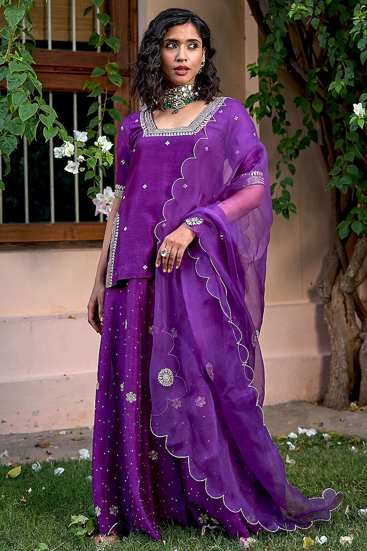Purple Silk Pure Dupion Silk Gota Patti & Nakshi Embroidered Sharara Set by Bbaawri