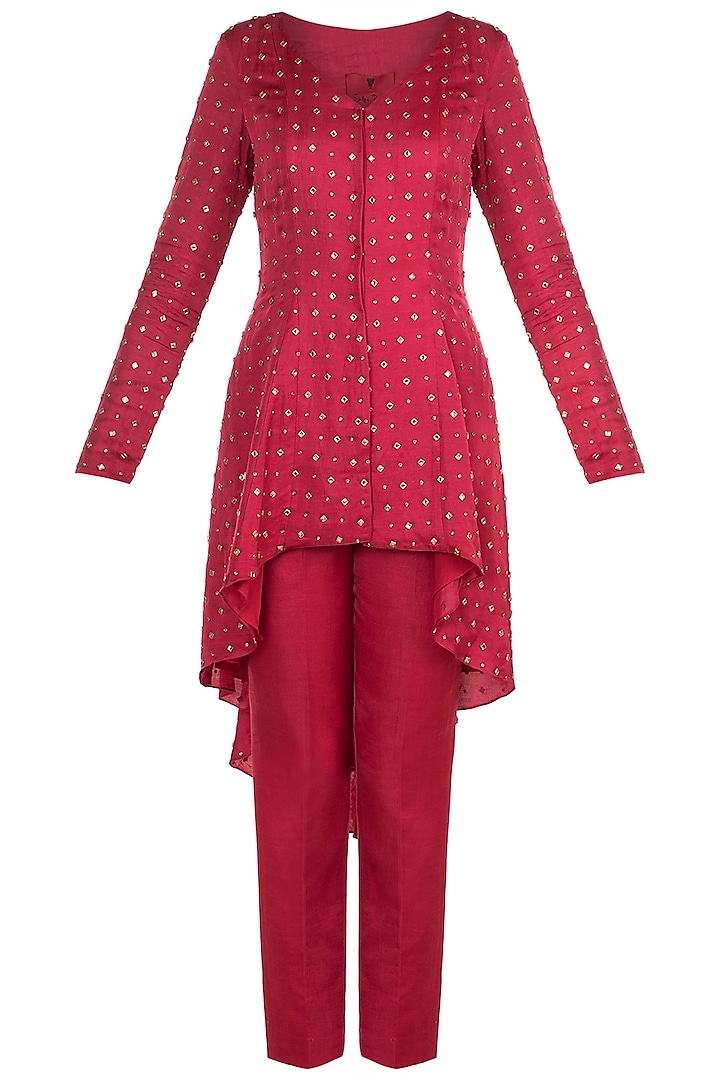Red Embroidered Tailcoat Tunic With Pants by Shilpa Reddy