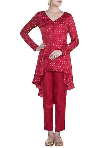 Red Embroidered Tailcoat Tunic With Pants by Shilpa Reddy