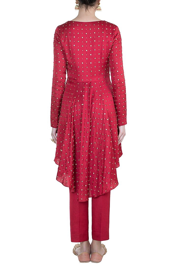 Red Embroidered Tailcoat Tunic With Pants by Shilpa Reddy at Pernia's Pop Up Shop