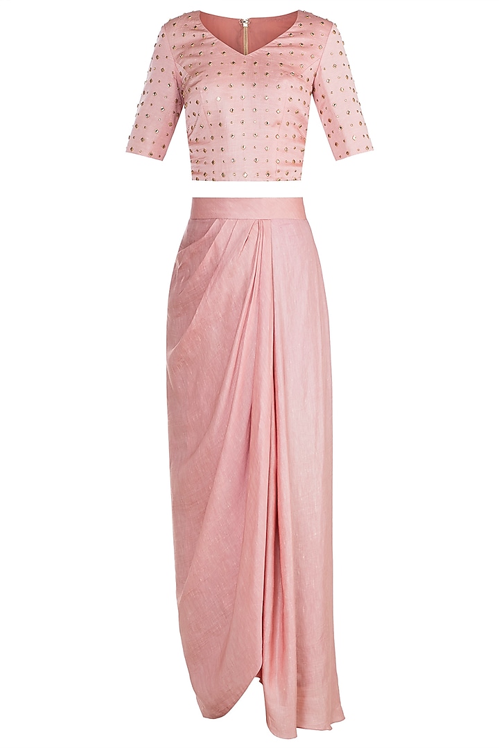 Peach Embroidered Top With Drape Skirt & Dupatta by Shilpa Reddy at Pernia's Pop Up Shop