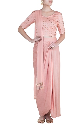 Peach Embroidered Top With Drape Skirt & Dupatta by Shilpa Reddy