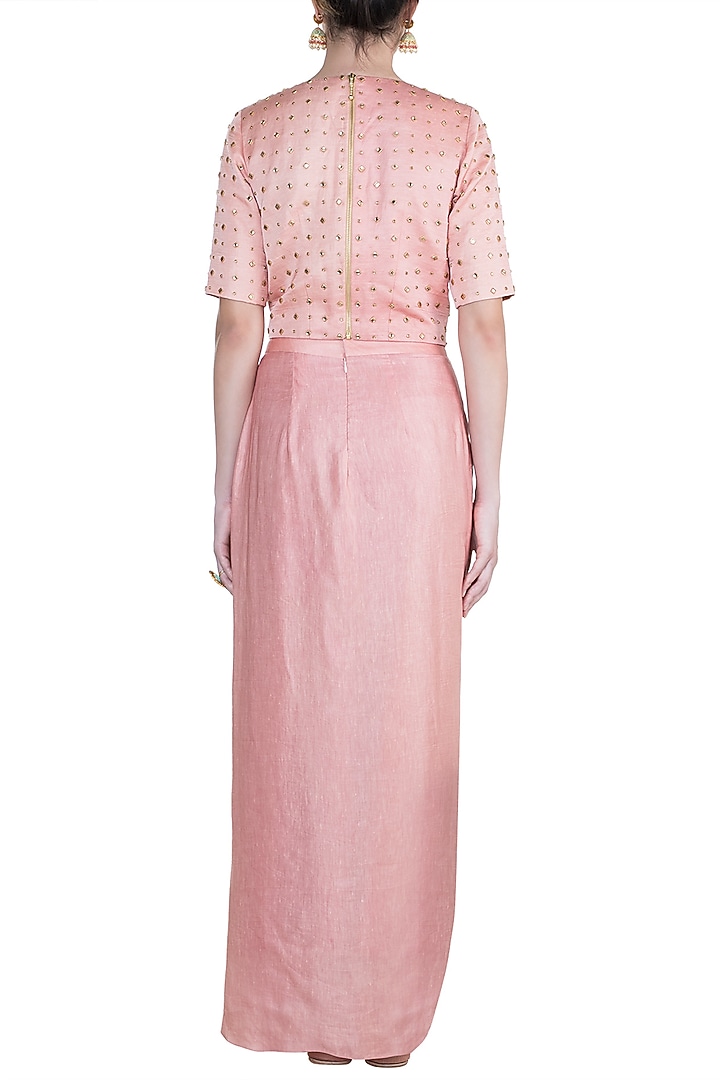Peach Embroidered Top With Drape Skirt & Dupatta by Shilpa Reddy at Pernia's Pop Up Shop