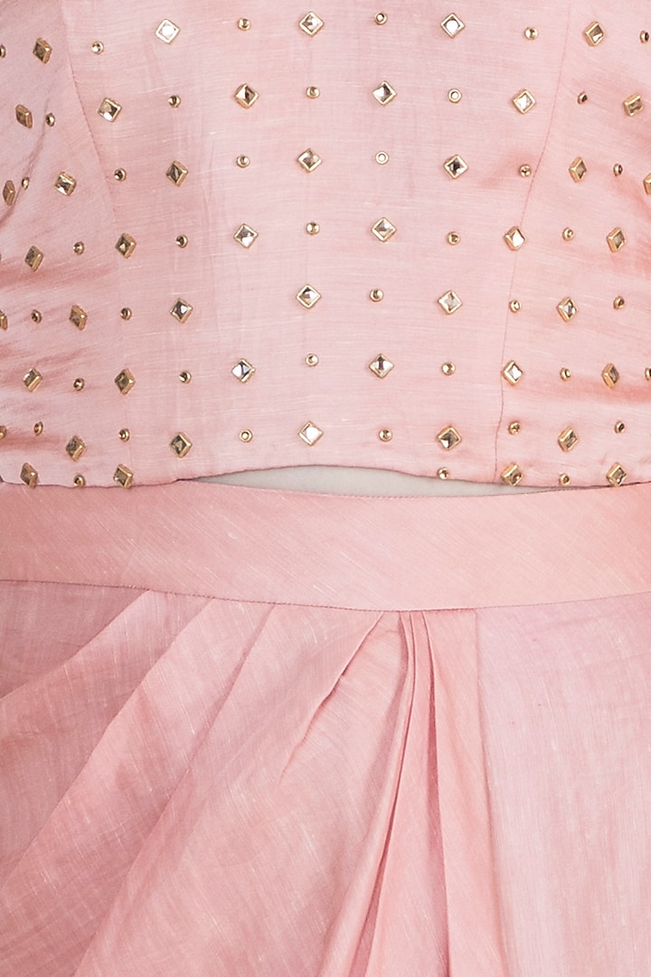 Peach Embroidered Top With Drape Skirt & Dupatta by Shilpa Reddy at Pernia's Pop Up Shop