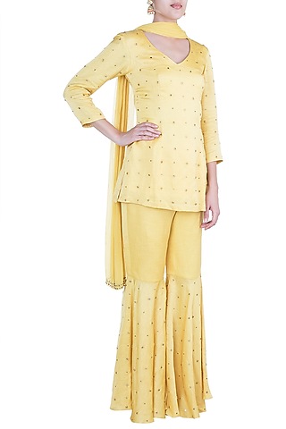 Yellow Embroidered Sharara Set by Shilpa Reddy