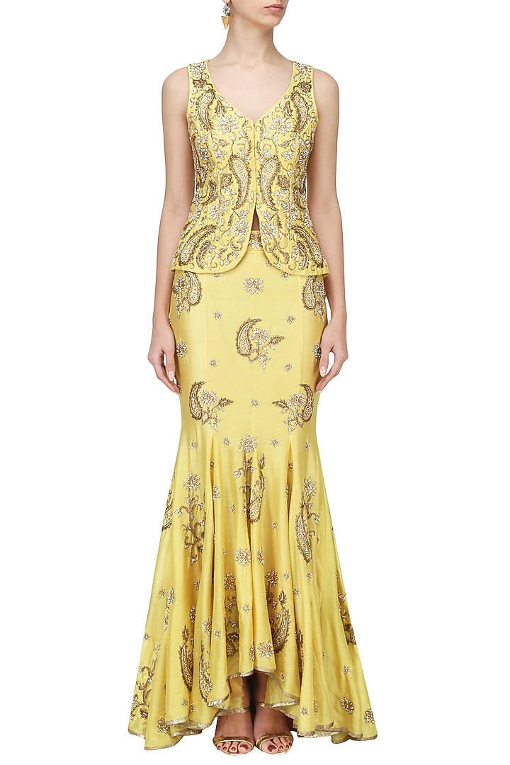 Sunglow yellow embroidered jacket and fish cut skirt set available only at Pernia's Pop Up Shop.