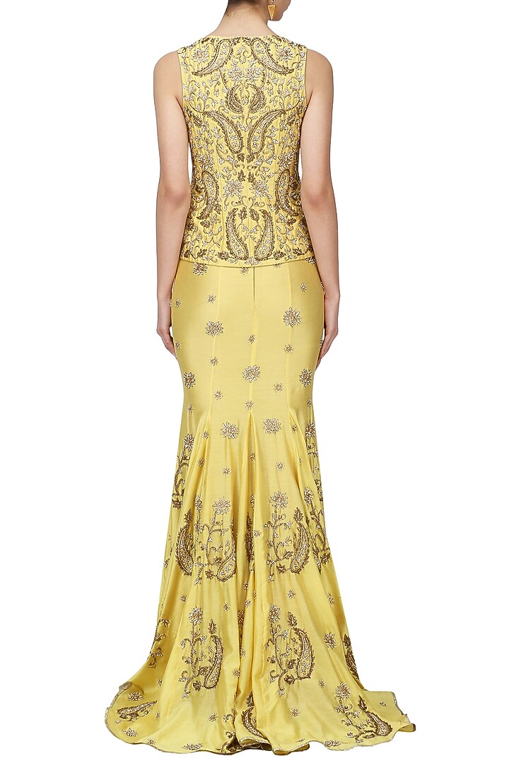 Sunglow yellow embroidered jacket and fish cut skirt set available only at Pernia's Pop Up Shop.
