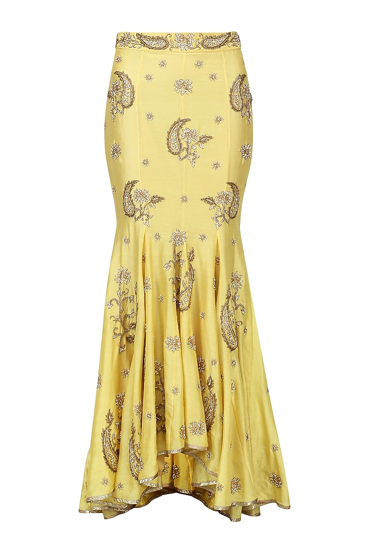 Sunglow yellow embroidered jacket and fish cut skirt set available only at Pernia's Pop Up Shop.
