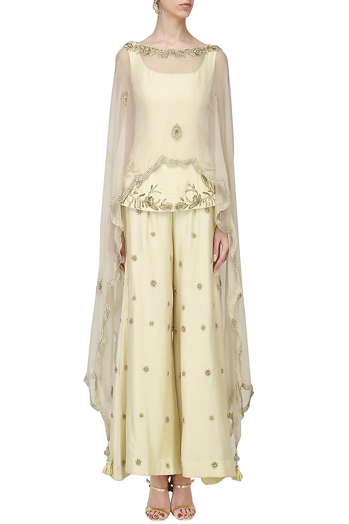 Off white embroidered top with palazzo pants and cape set available only at Pernia's Pop Up Shop.