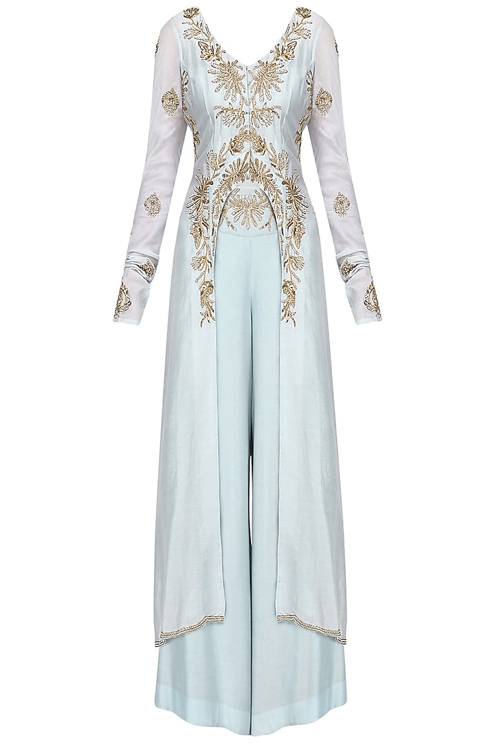 Dust Blue Embroidered Tunic with Palazzo Pants Set by Shilpa Reddy