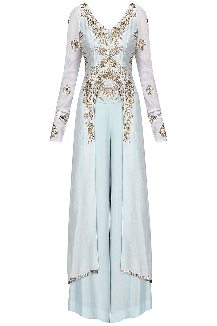 Dust blue embroidered tunic with palazzo pants set available only at Pernia's Pop Up Shop.