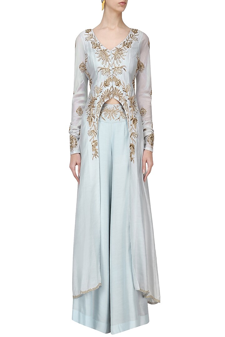 Dust blue embroidered tunic with palazzo pants set available only at Pernia's Pop Up Shop.