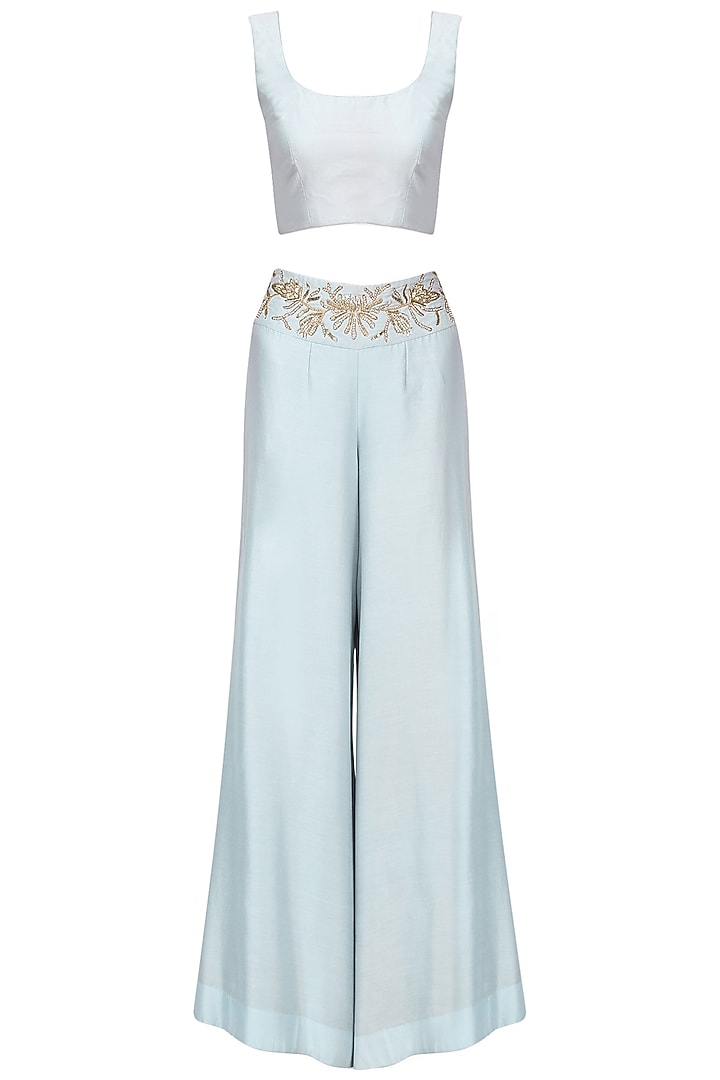 Dust blue embroidered tunic with palazzo pants set available only at Pernia's Pop Up Shop.