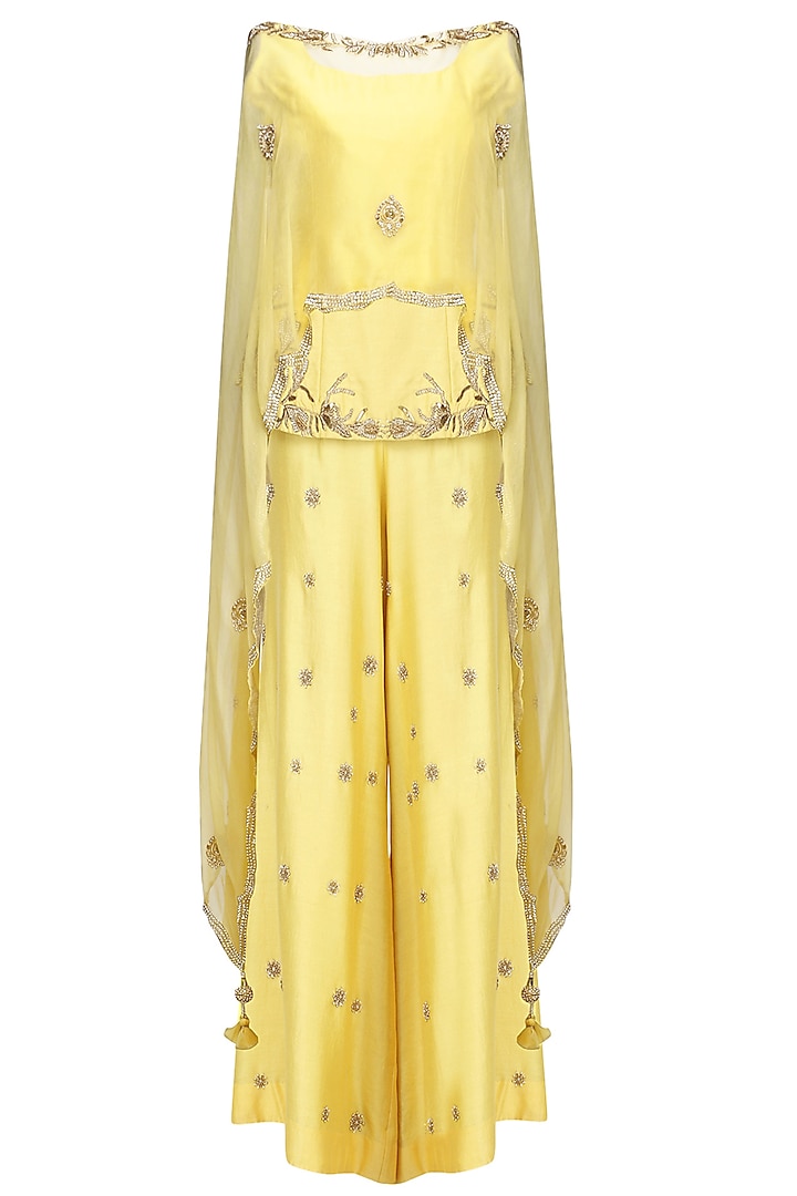 Sunglow Yellow Embroidered Top with Palazzo Pants and Cape Set by Shilpa Reddy
