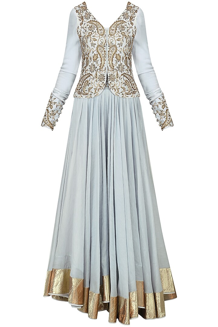 Dust Blue Embroidered Jacket with Skirt Set by Shilpa Reddy