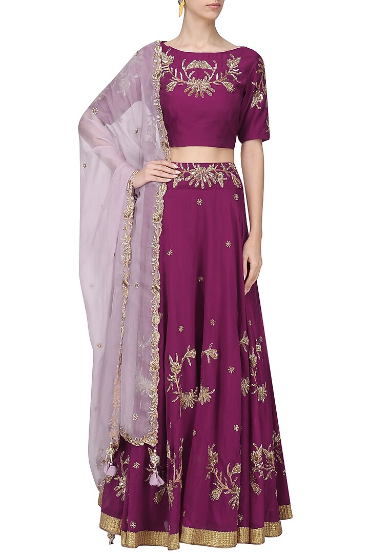Magenta embroidered lehenga set available only at Pernia's Pop Up Shop.