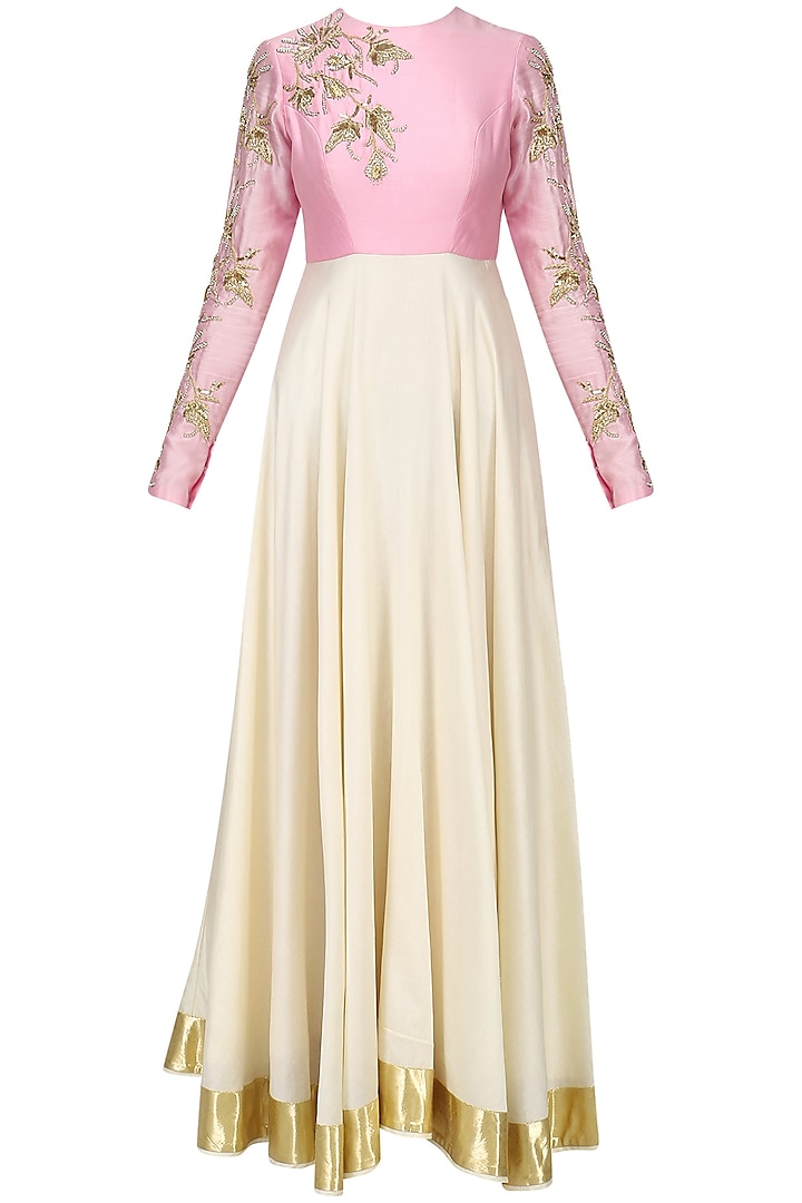 Candy Pink and Cream Embroidered Anarkali Set by Shilpa Reddy