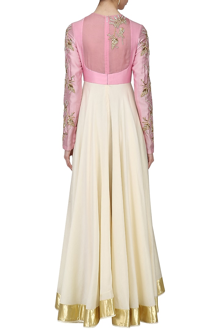 Candy pink and cream embroidered anarkali set available only at Pernia's Pop Up Shop.