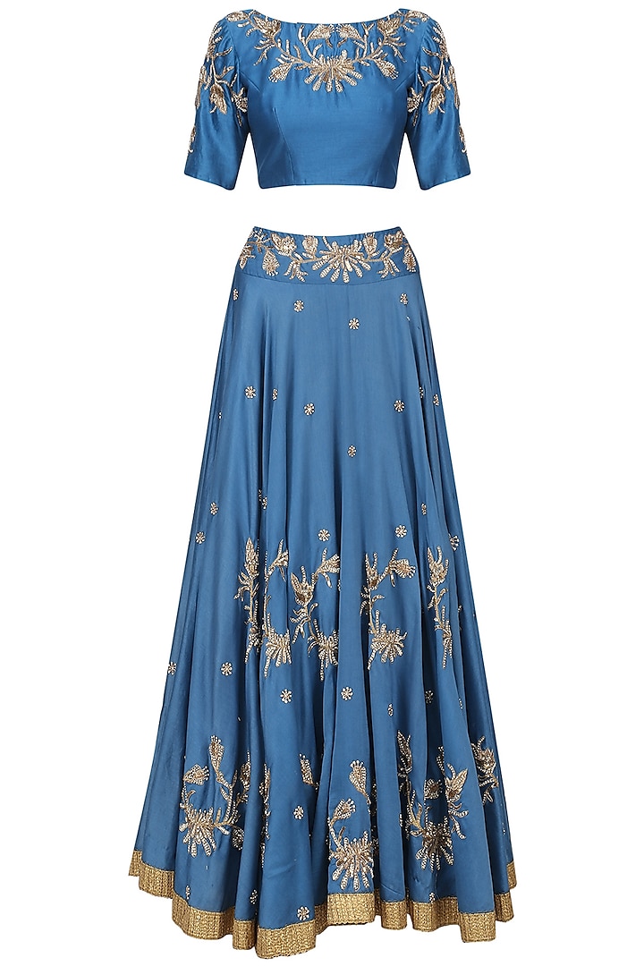 Royal Blue Embroidered Lehenga Set by Shilpa Reddy