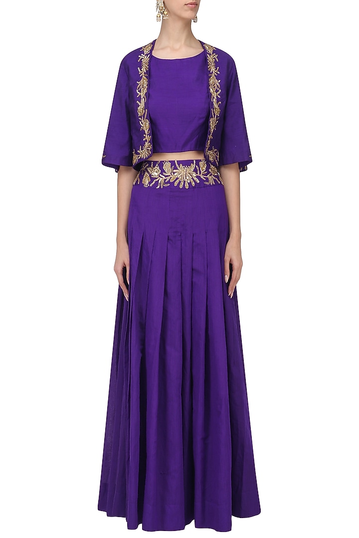 Violet embroidered crop top with lehenga and jacket set available only at Pernia's Pop Up Shop.