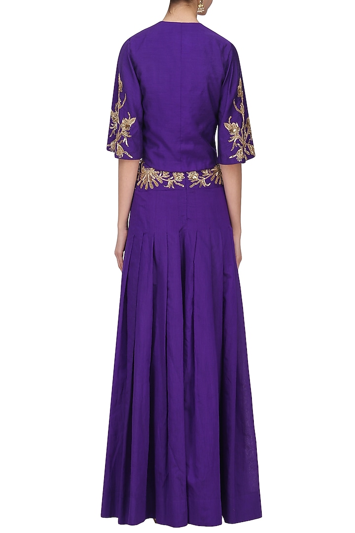 Violet embroidered crop top with lehenga and jacket set available only at Pernia's Pop Up Shop.