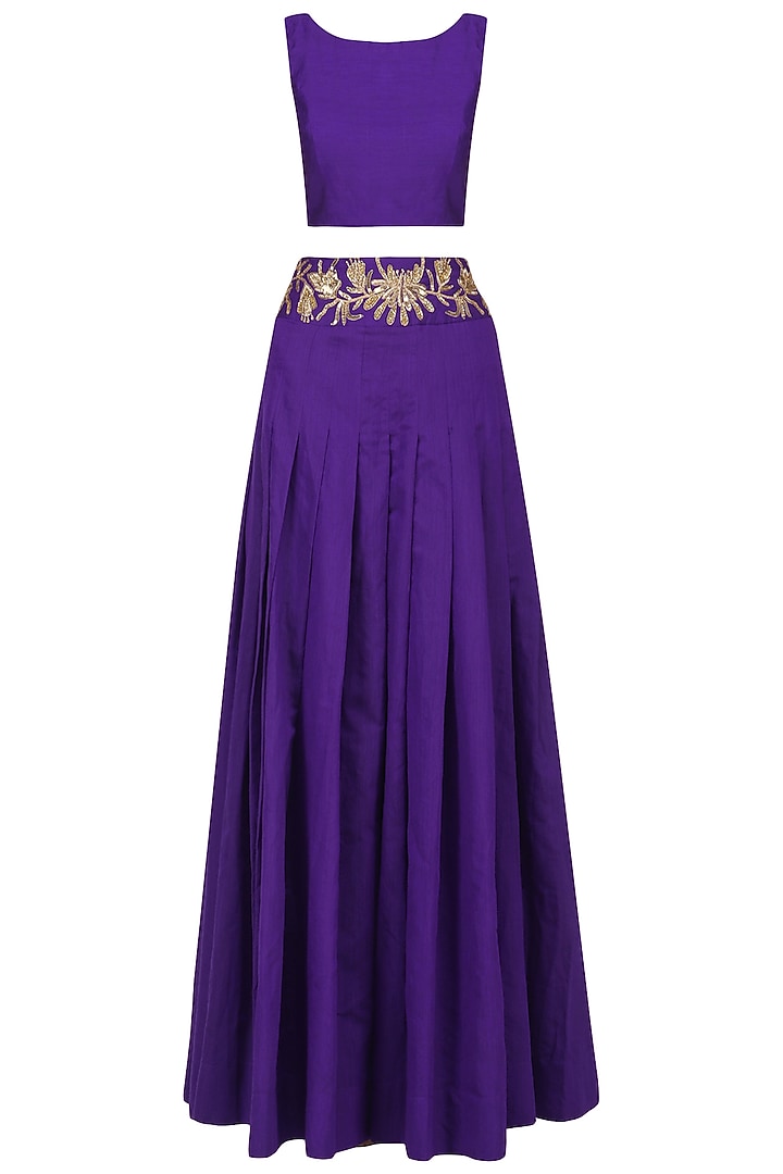 Violet embroidered crop top with lehenga and jacket set available only at Pernia's Pop Up Shop.