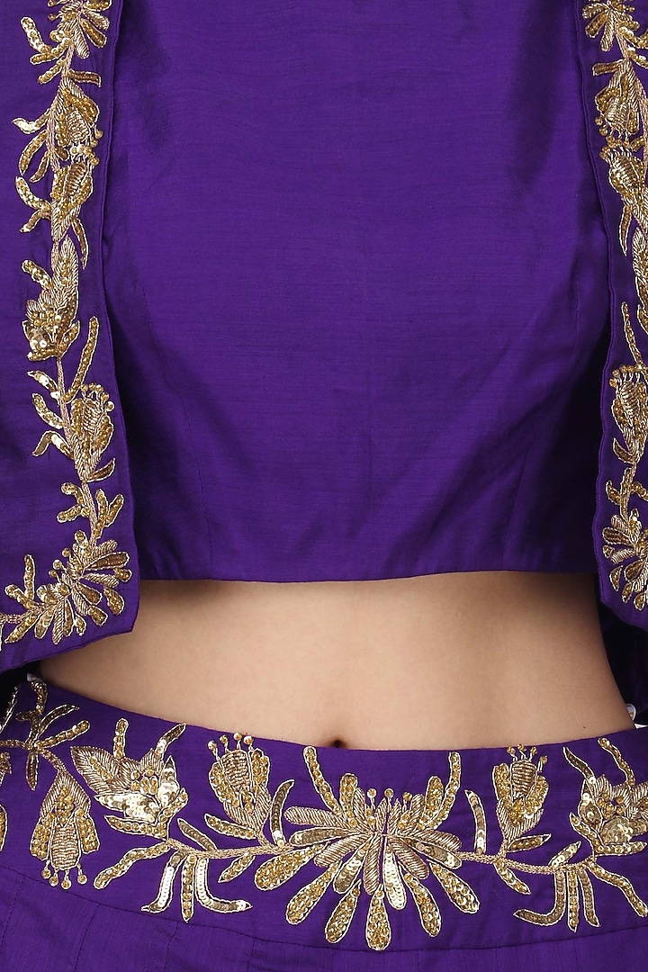 Violet embroidered crop top with lehenga and jacket set available only at Pernia's Pop Up Shop.