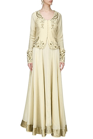Beige Embroidered Jacket with Lehenga Set by Shilpa Reddy