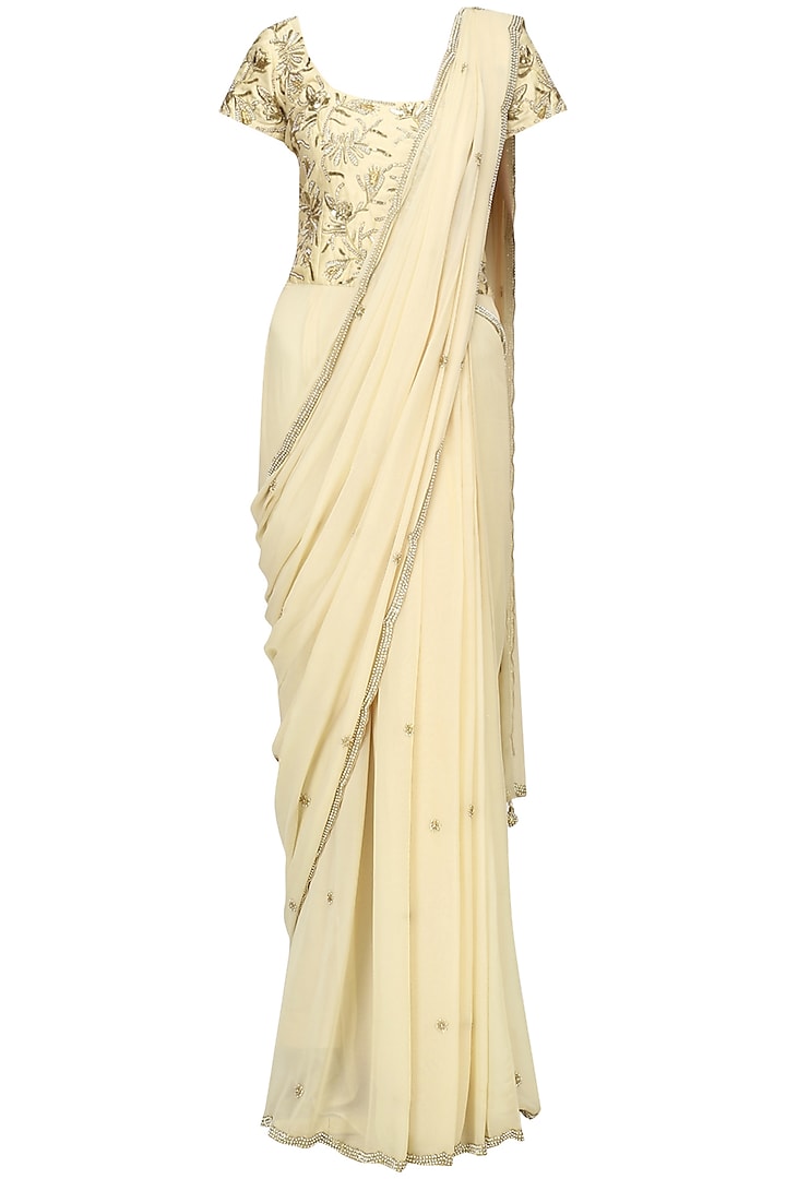 Champagne Embroidered Saree Gown by Shilpa Reddy
