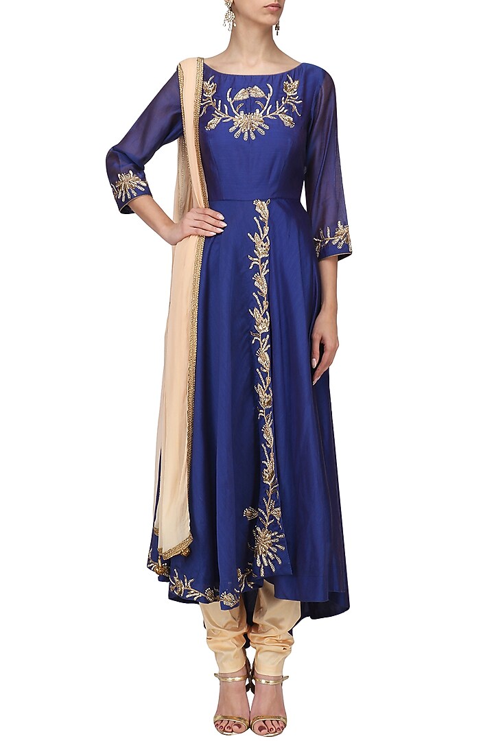 Royal blue embroidered anarkali set available only at Pernia's Pop Up Shop.