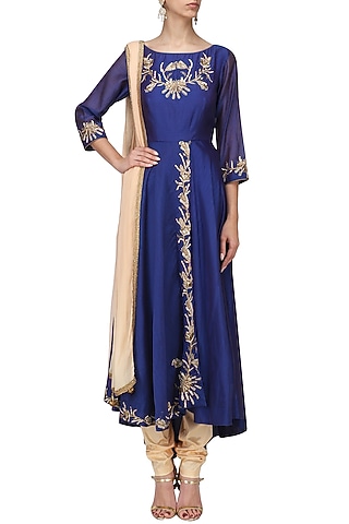 Royal Blue Embroidered Anarkali Set by Shilpa Reddy