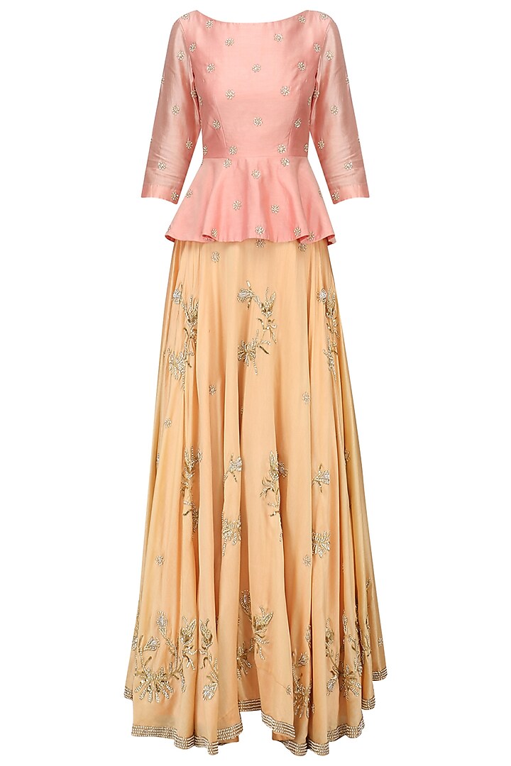 Coral Pink Embroidered Peplum with Lehenga Set by Shilpa Reddy
