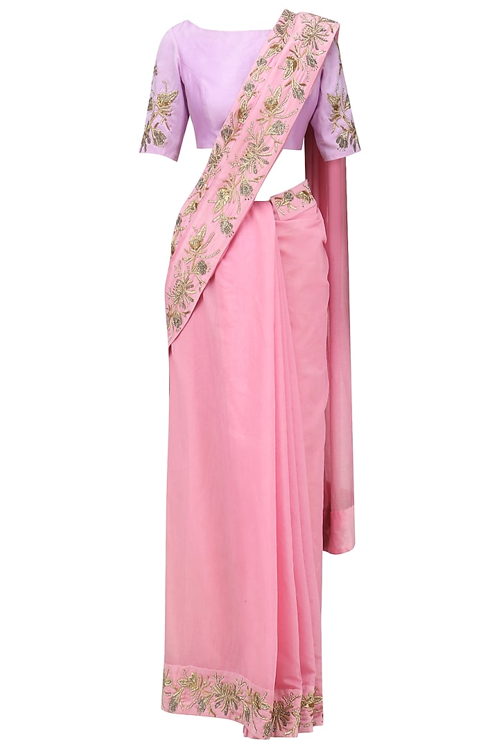 Rose Pink and Lavender Embroidered Saree by Shilpa Reddy