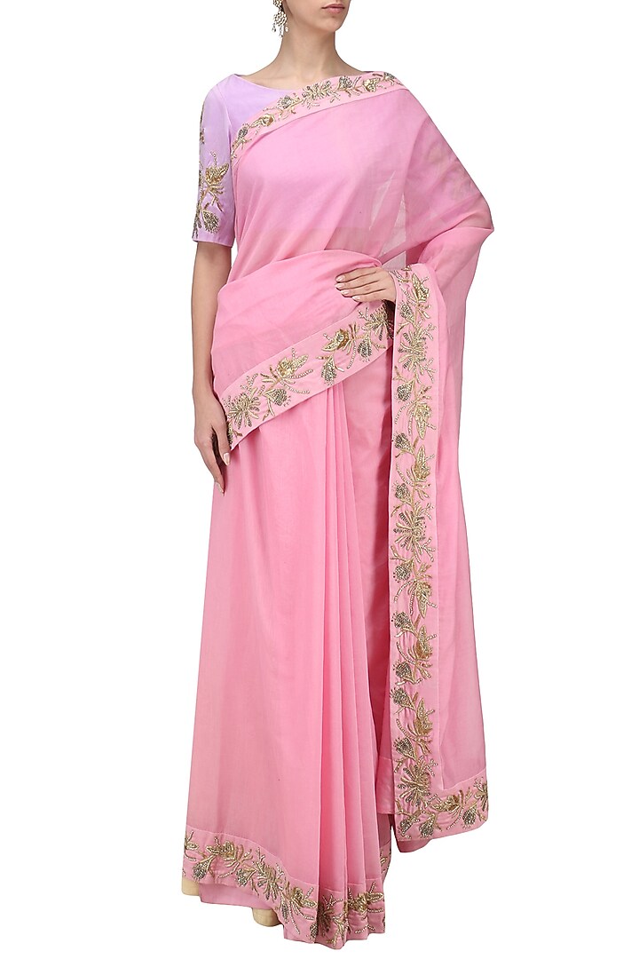 Rose pink and lavender embroidered saree available only at Pernia's Pop Up Shop.