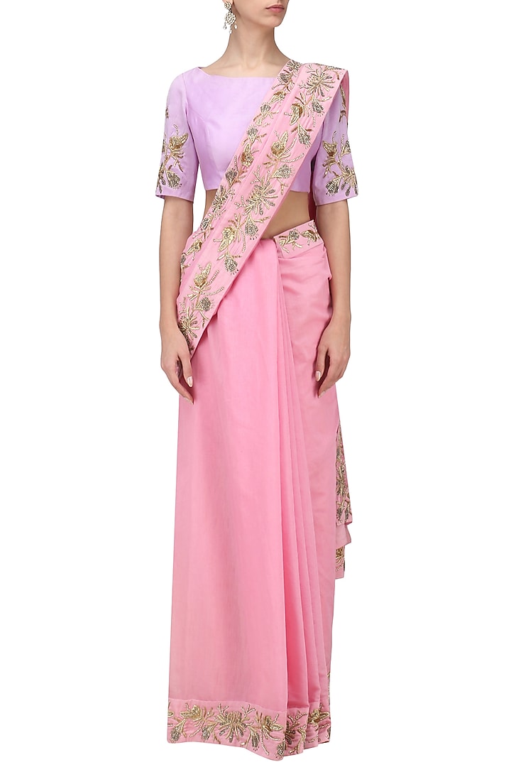Rose pink and lavender embroidered saree available only at Pernia's Pop Up Shop.