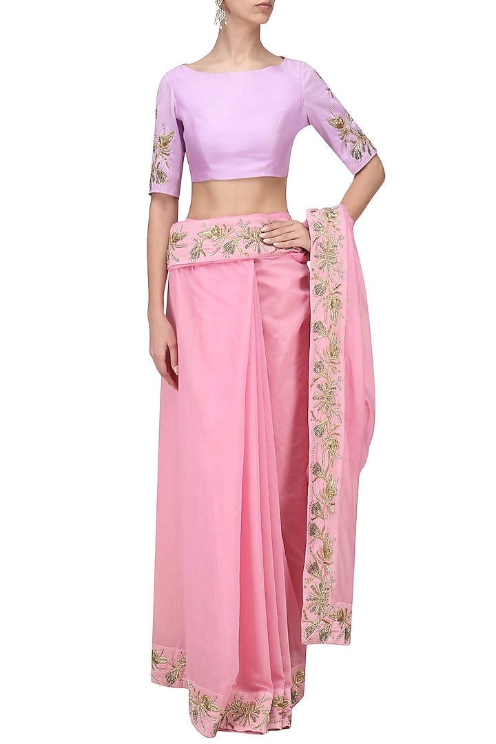 Rose pink and lavender embroidered saree available only at Pernia's Pop Up Shop.