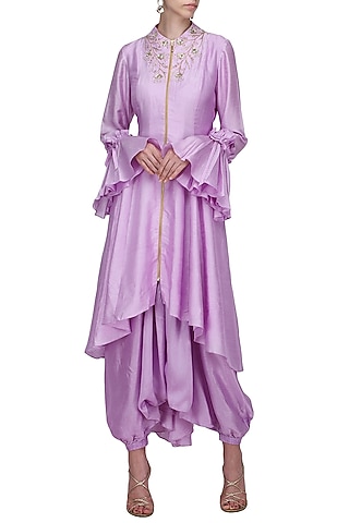 Lavender Asymmetrical Embroidered Tailcoat with Harem Pants by Shilpa Reddy