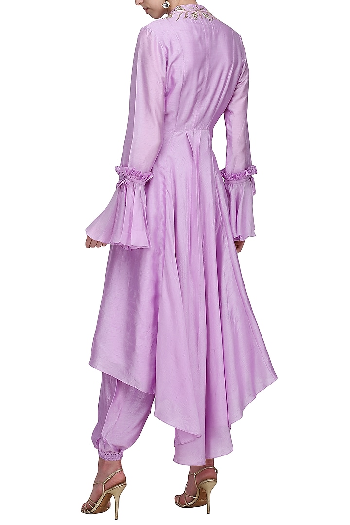 Lavender asymmetrical embroidered tailcoat with harem pants available only at Pernia's Pop Up Shop.