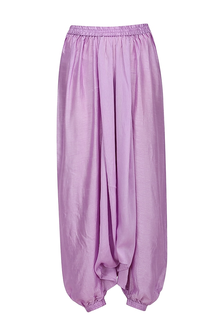 Lavender asymmetrical embroidered tailcoat with harem pants available only at Pernia's Pop Up Shop.