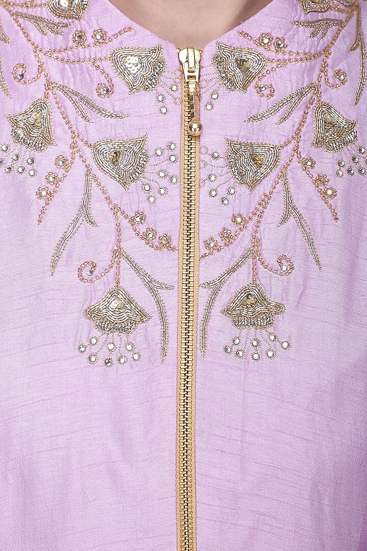 Lavender asymmetrical embroidered tailcoat with harem pants available only at Pernia's Pop Up Shop.
