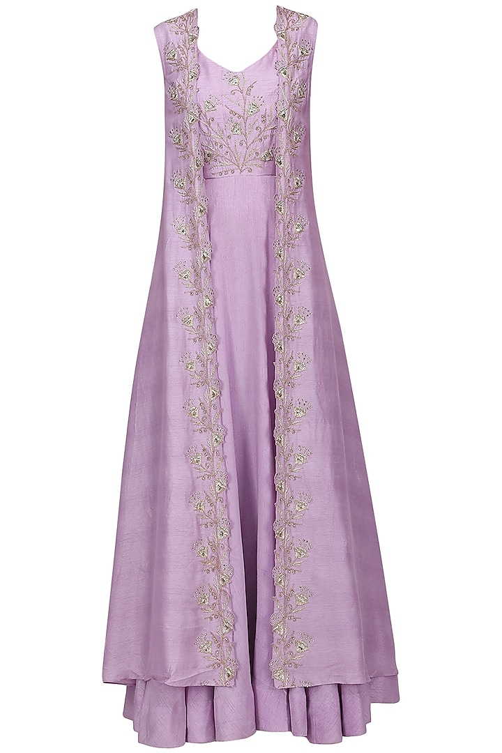 Lavender Embroidered Front Open Jacket with Gown by Shilpa Reddy