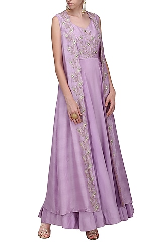 Lavender Embroidered Front Open Jacket with Gown by Shilpa Reddy