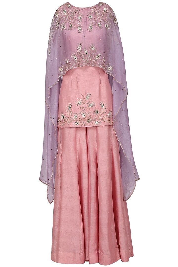 Lavender Asymmetrical Embroidered Cape with Pink Top and Flare Pants by Shilpa Reddy