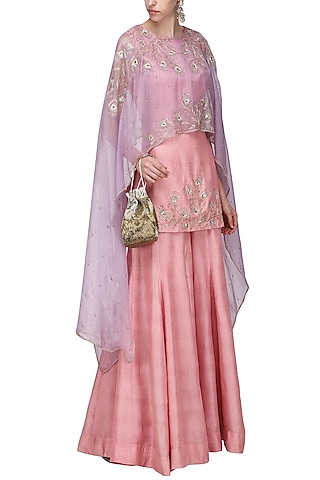 Lavender Asymmetrical Embroidered Cape with Pink Top and Flare Pants by Shilpa Reddy