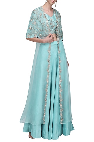 Aqua Blue Embroidered Lehenga Set by Shilpa Reddy