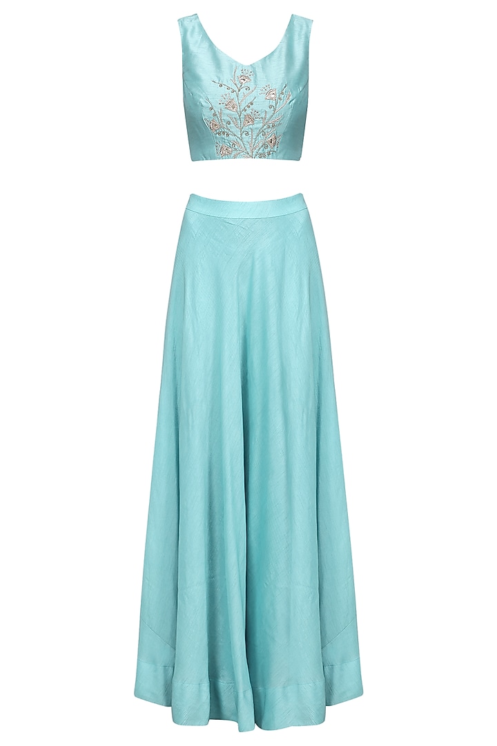 Aqua blue embroidered lehenga set available only at Pernia's Pop Up Shop.