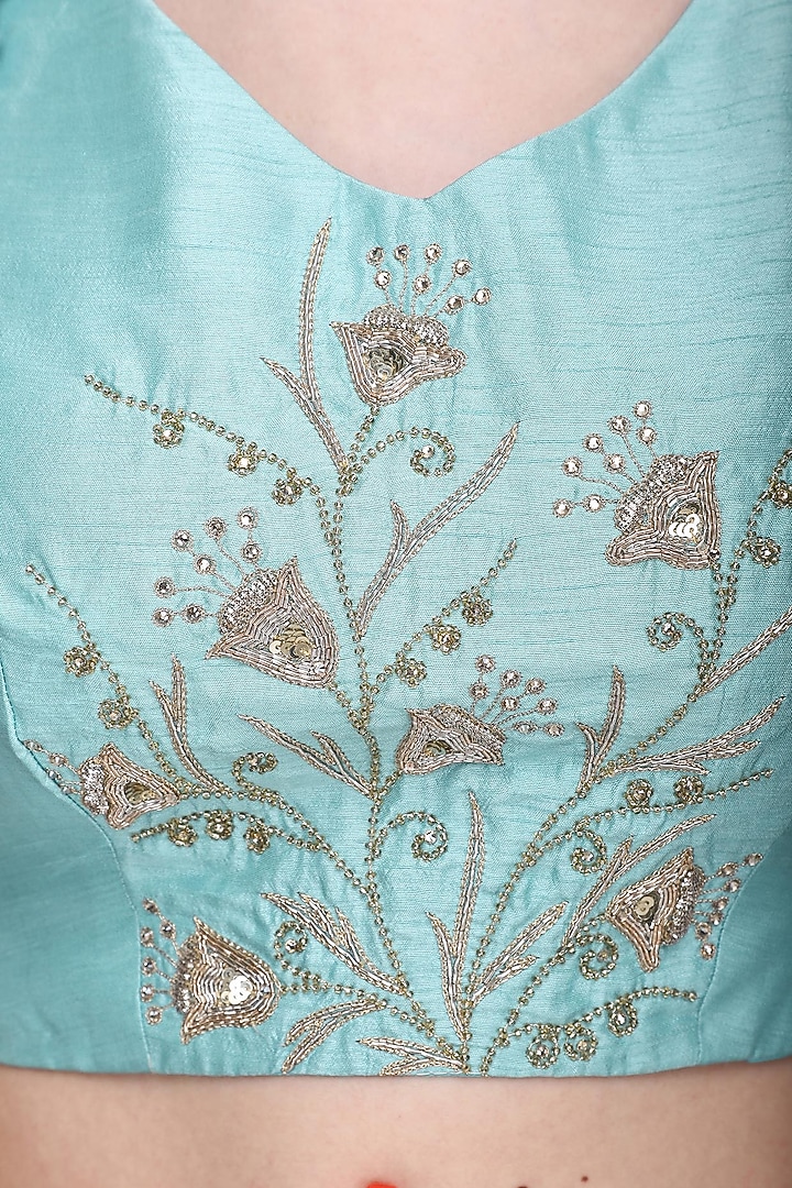 Aqua blue embroidered lehenga set available only at Pernia's Pop Up Shop.