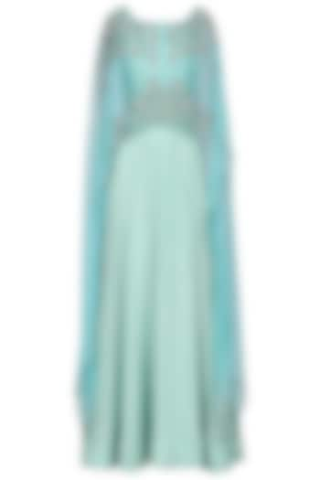 Powder blue asymmetrical embroidered cape and sea green gown available only at Pernia's Pop Up Shop.