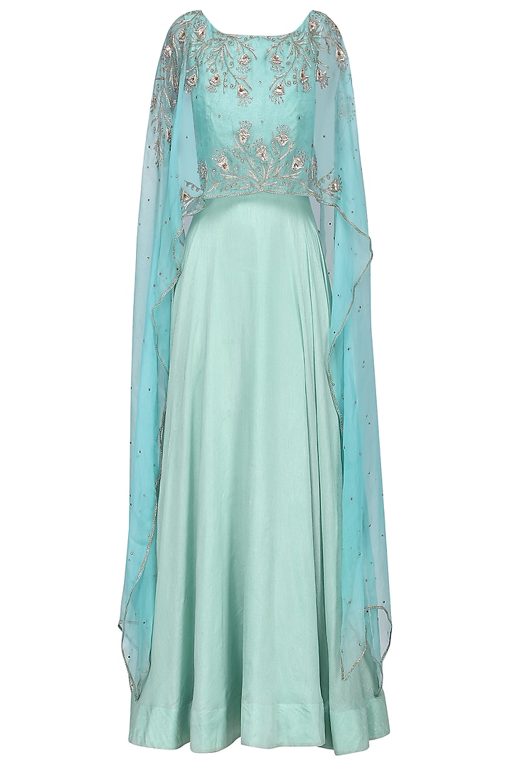Powder Blue Asymmetrical Embroidered Cape and Sea Green Gown by Shilpa Reddy