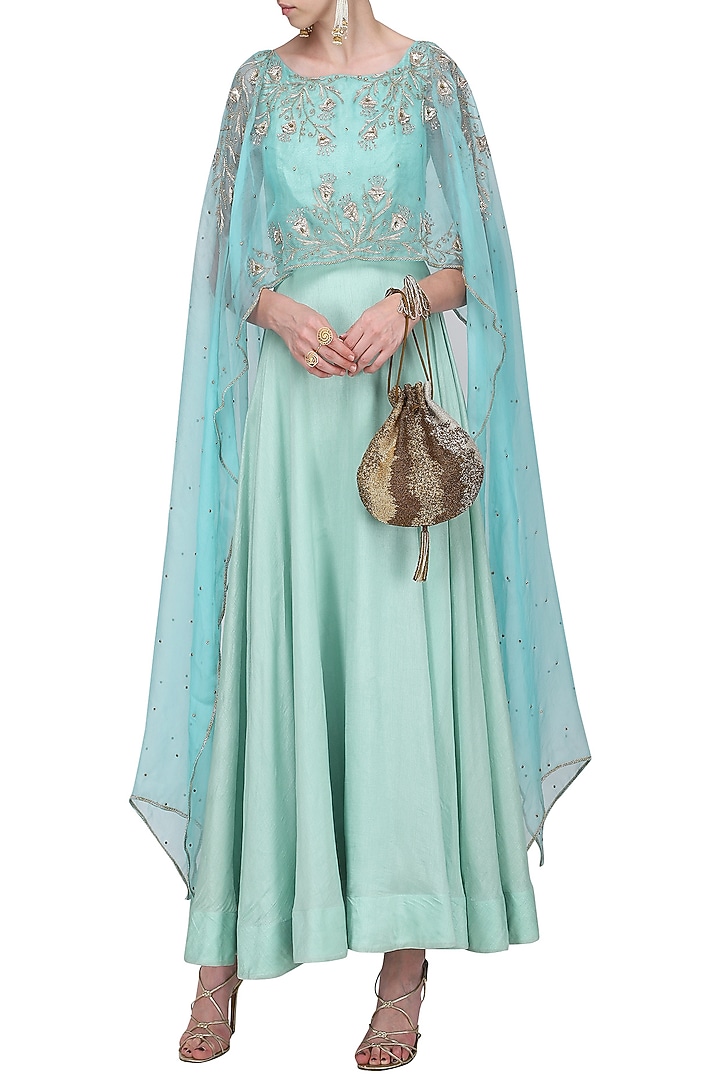 Powder blue asymmetrical embroidered cape and sea green gown available only at Pernia's Pop Up Shop.